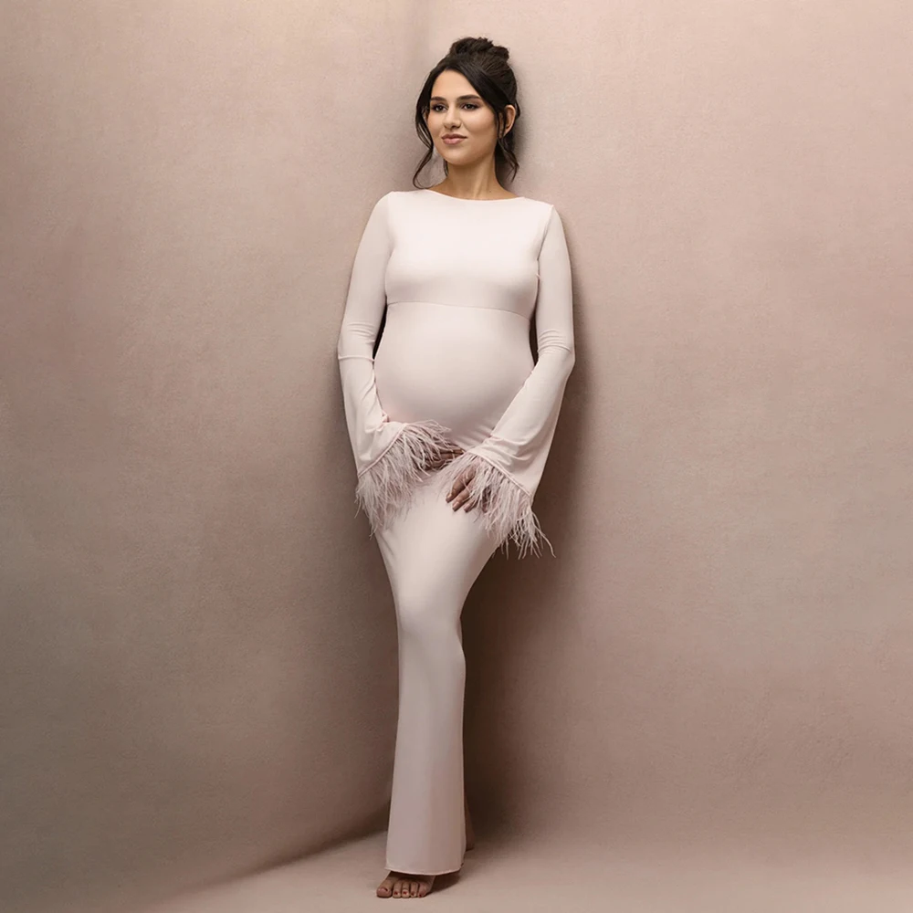 

Платье для беременных с вырезом лодочкой и длинными рукавами и перьями, платье для детского душа, облегающая одежда для свадебной вечеринки, одежда для беременных для фотосессии