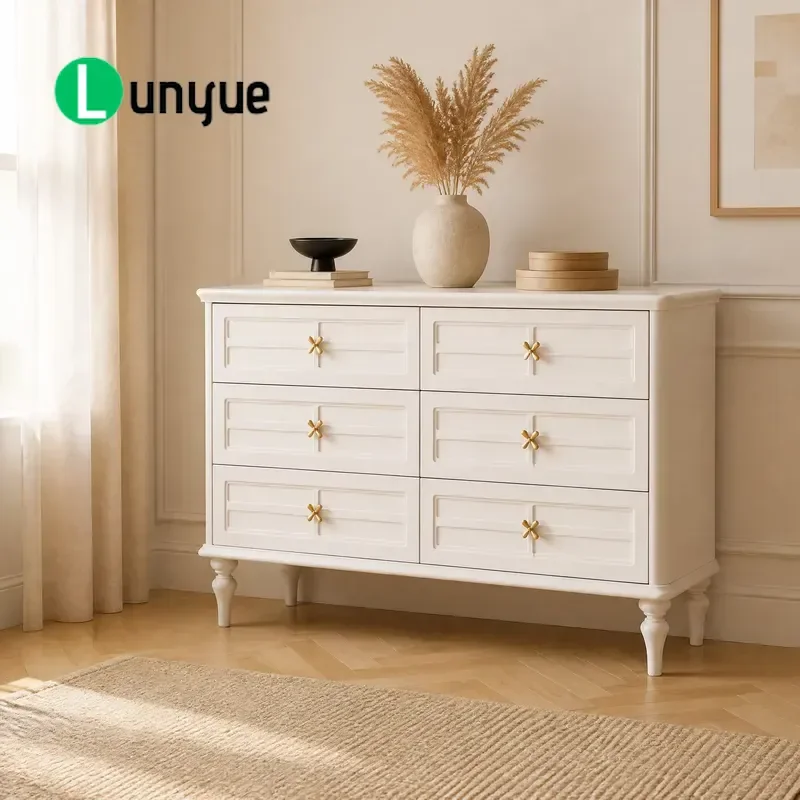 6 Drawer Dresser Beige Storage Cabinet with Striped Trim Gold Handles Rotating Feet Bedroom Furniture Organizer Home Decor