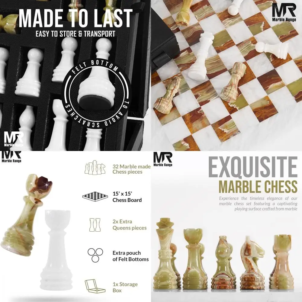

Luxury 15 Handcrafted Marble Chess Set in White & Green Onyx, 32 Pieces, 2 Bonus Queens, Storage, Elegant Home Decor