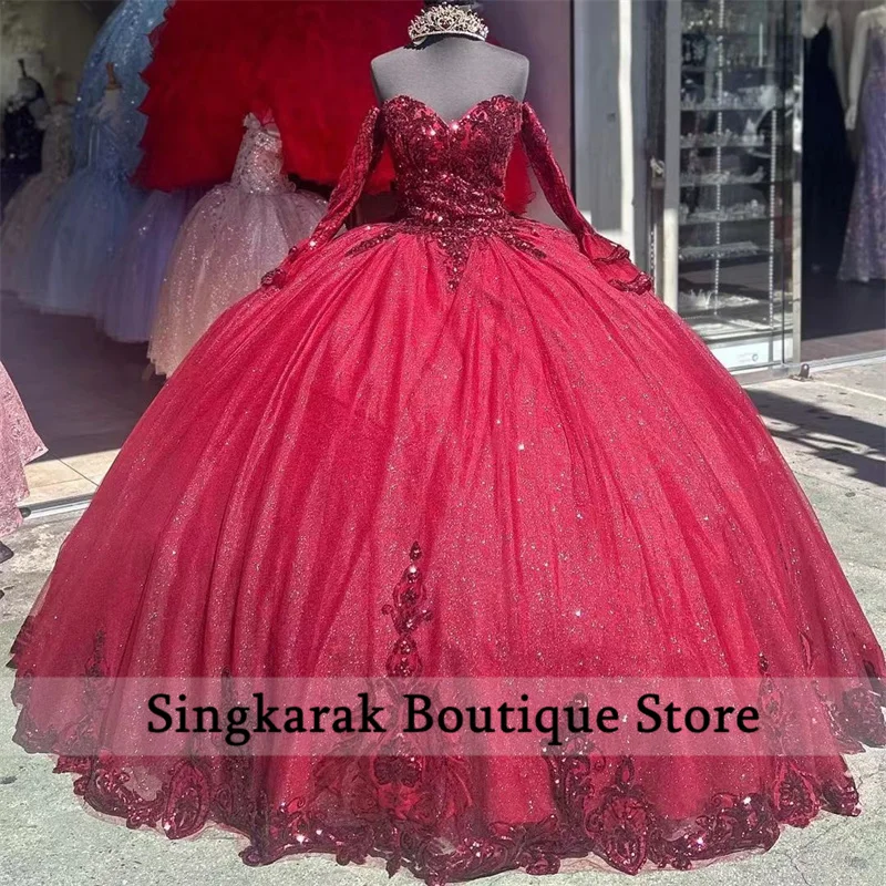 Glitter Prinses Bordeauxrode Quinceanera Met Afneembare Bell Mouwen Sweet 16 Jurk Pailletten Appliques Kralen Vestido Baljurk