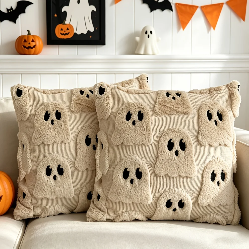 [Halloween Plush Pillow Covers] 2pcs Halloween Plush Pillow Covers, 18X18 Inches, Soft Plush Cute Ghost-Decorated Pillowcases, Suitable for Christmas, Halloween, Thanksgiving Home Sofa Bed And Party Decoration