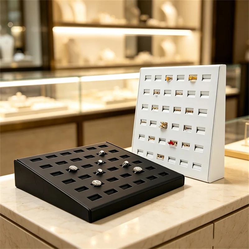 High-Capacity 36 Slots Ring Storage Tray White/black Leather Rings Organizer Obliquity Jewelry Dislapy Props 26*26Cm