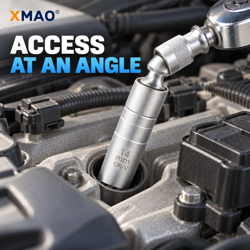 Magnetic Swivel Spark Plug Socket 14 mm or 16 mm, 3/8 in Drive Thin Wall 12-Point Chrome Vanadium Steel Engine Repair Tool