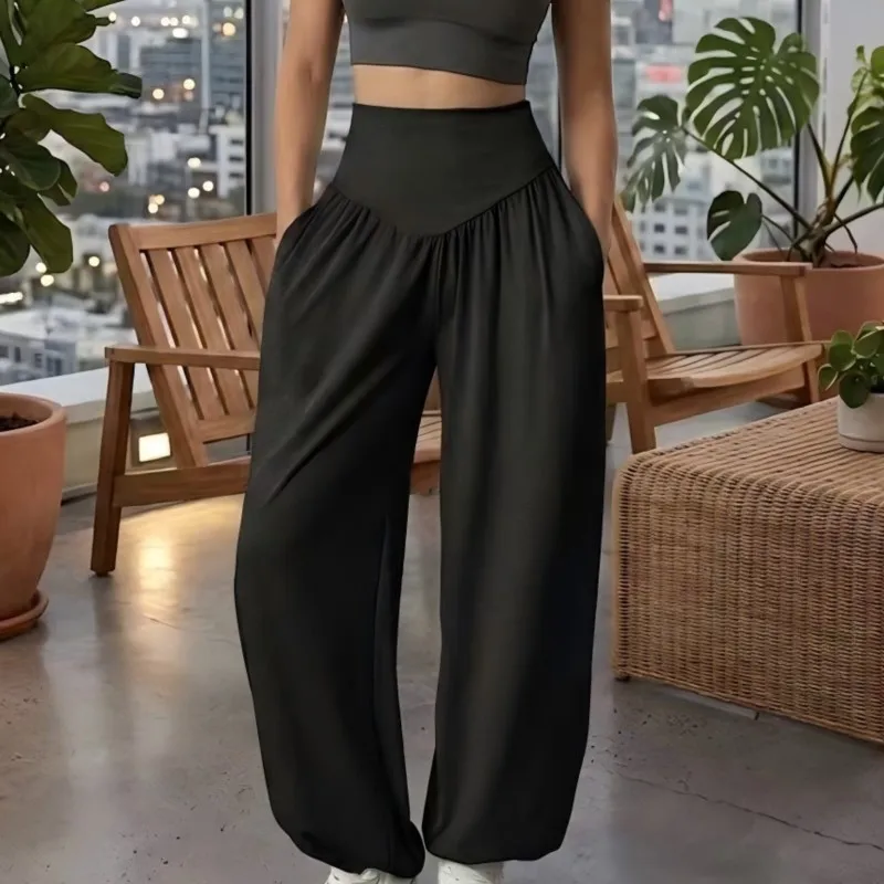 2026 New Pants Solid Color High Waist Casual Loose Fashion Comfortable Unique With Wrinkles Niche Sports Style Bundle Leg Pants