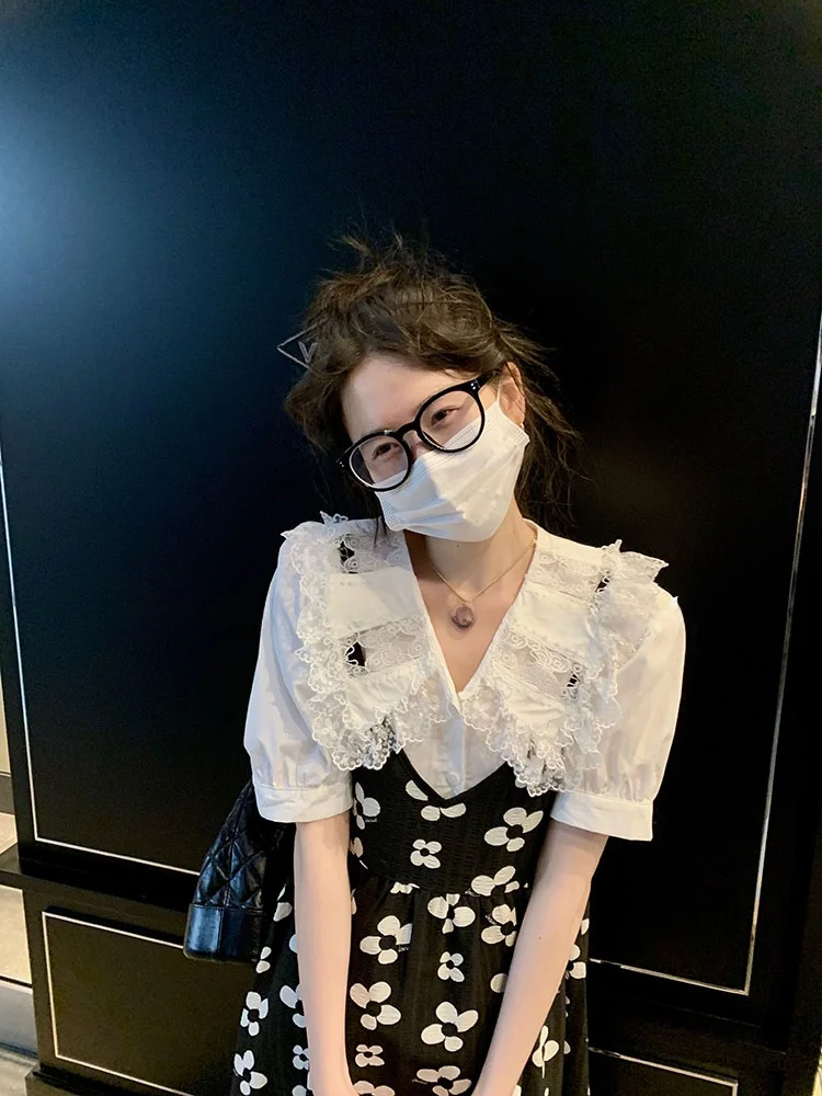 

White Lace Collar ort Sve V-Ne irt Women's Slimming Design Summer Top Commute Sle Cotton Blend Polyester Elastic F...