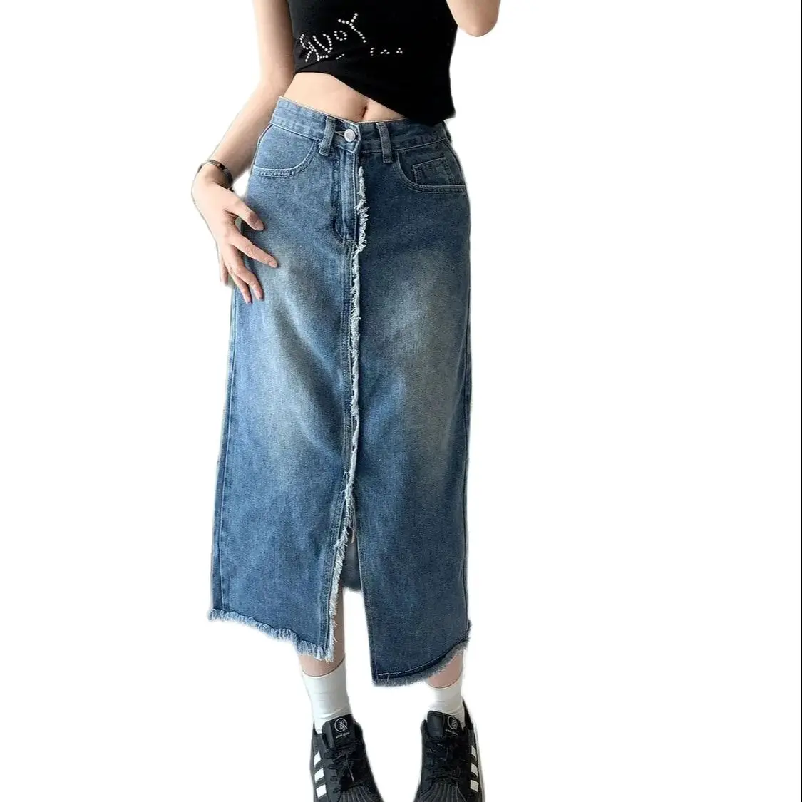 Saias jeans irregulares femininas, saia midi de cintura alta, saia linha A, streetwear casual, moda estilo europeu, verão