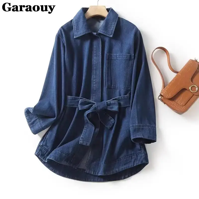 Garaouy 2023 Women Vintage Lapel Belt Loose Denim Shirt Jacket Coat+Elastic High Waist Wide Leg Jeans Pants Casual Simple Suit