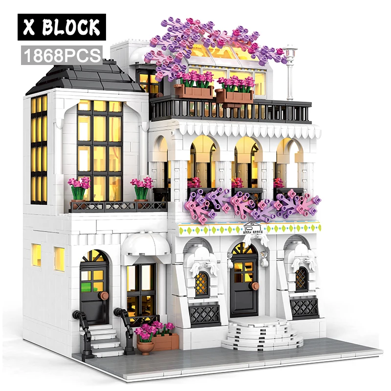 

MOC Creative European Architecture Building Blocks Garden Hotel Flower Street Villa Street View Bricks Ideas Toy For Friend Gift