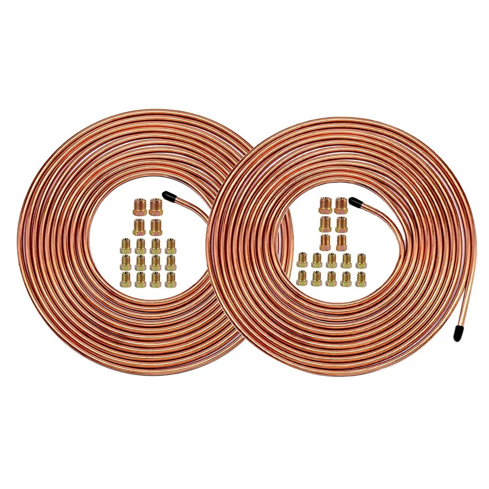 25 Ft 1/4 & 25 Ft 3/16 Brake Pipe Copper Brake Line Tubing Kit Brake Pipe with 32 Nuts Cold and Hot Water Copper Pipe