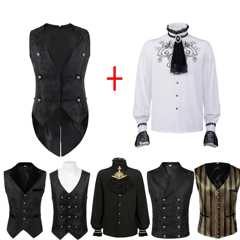 

Adult Renaissance Pirate Costume Shirt And Vest Set Gothic Fashion Men's Punk Clothing Halloween Themed Ethnic Stage Wear