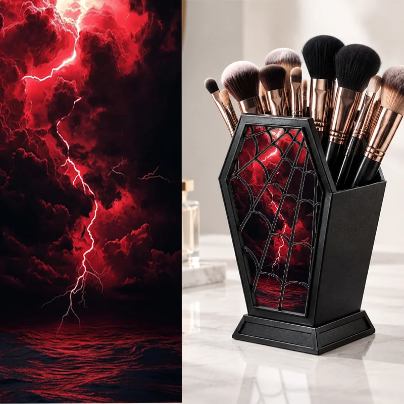 Gothic Coffin Shape Pen Holder Red Lightning Cloud Print Desktop Makeup Brush Storage Organizer Halloween Vanity Table Decor Sta