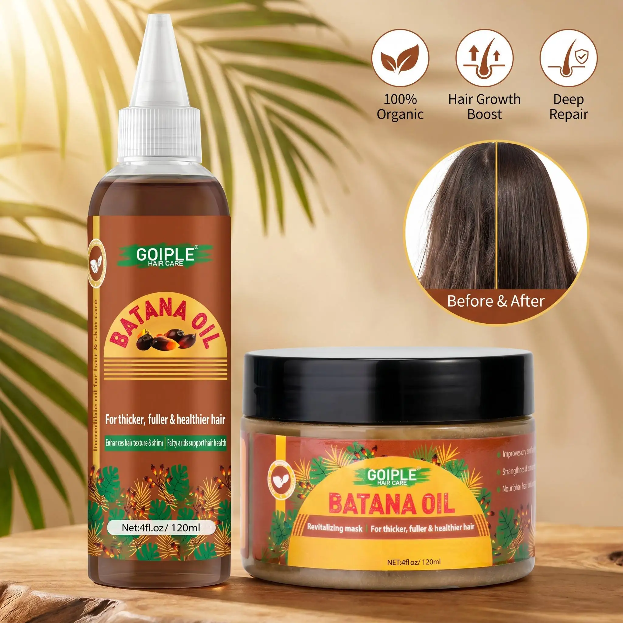 GOIPLE 100% Raw Batana Oil for Hair Growth and Scalp Treatment - Pure Organic Batana Butter Hair Care Set for Thicker, Fuller, Healthier Hair - Deep Moisturizing Repair for Damaged Hair - 4fl.oz / 120ml Duo Kit