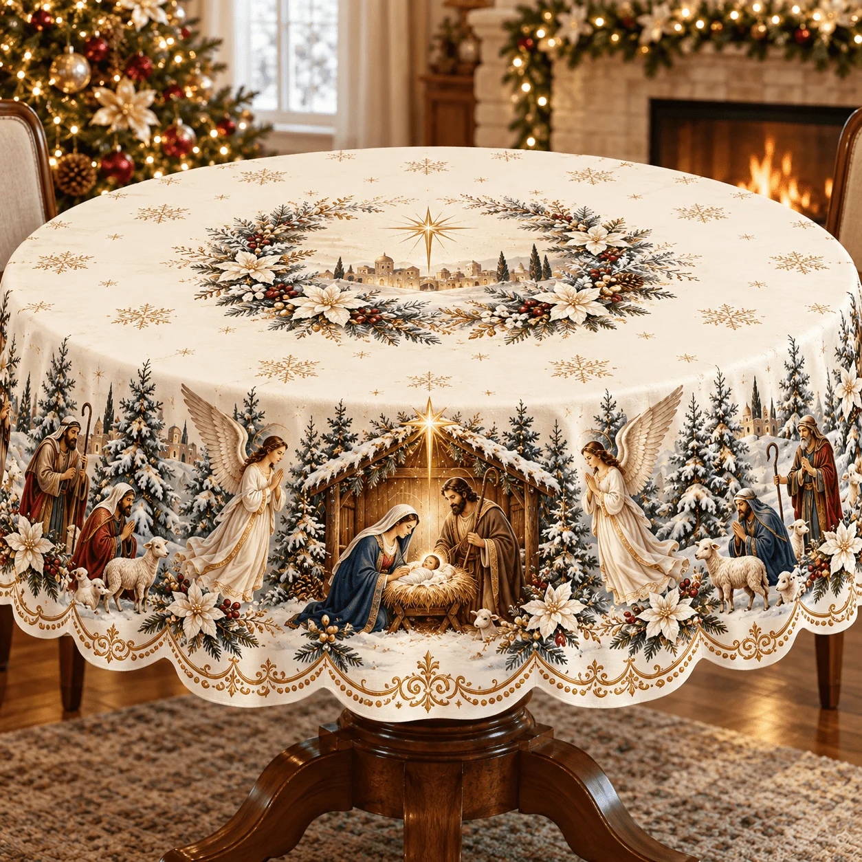 1 nativity tablecloth, with a Christmas atmosphere! Polyester round tablecloth