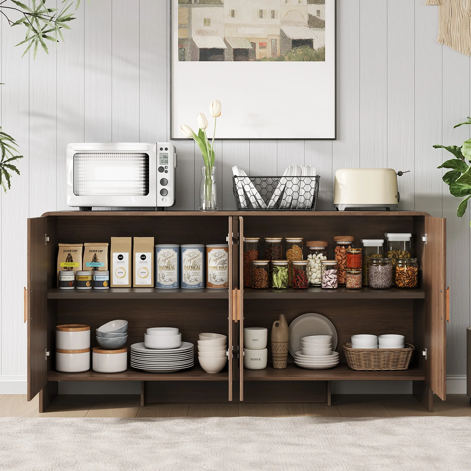 60" Sideboard Buffet Cabinet with Storage, Curved Design Farmhouse Coffee Bar Cabinet with 4 Doors & Adjustable Shelves image 5