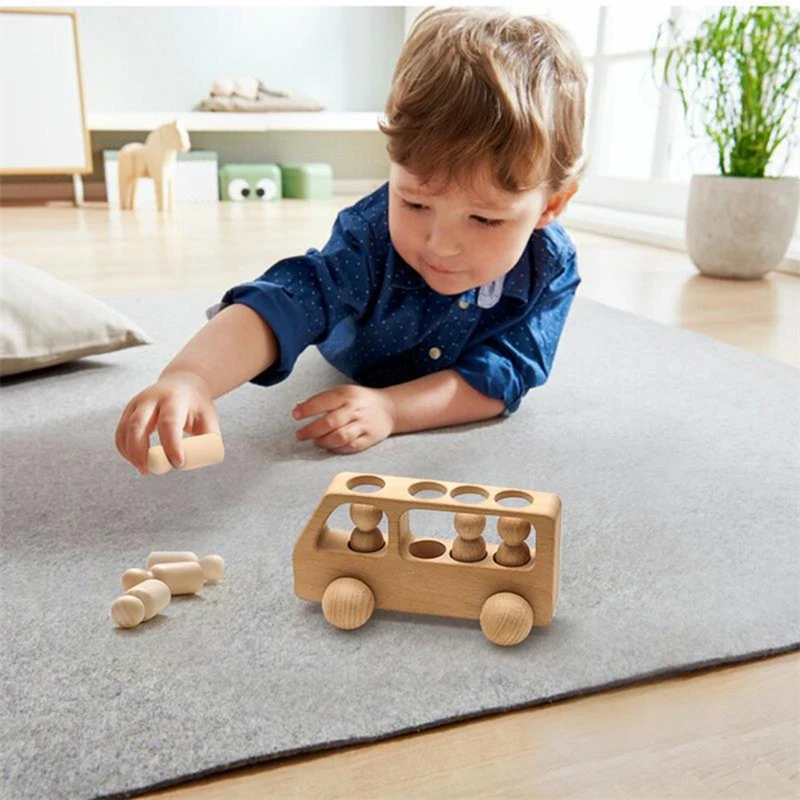 Outdoor Wooden Bus Game Kit Baby Wooden Bus Educational Blocks Natural Wood Car Little Doll Teething Toys Birthday Gifts