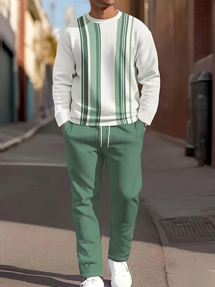 

Осень 2024, новый мужской комплект из топа с длинными рукавами и брюк, минималистичный комплект из двух предметов с 3D-принтом в полоску, топ с круглым вырезом и брюки