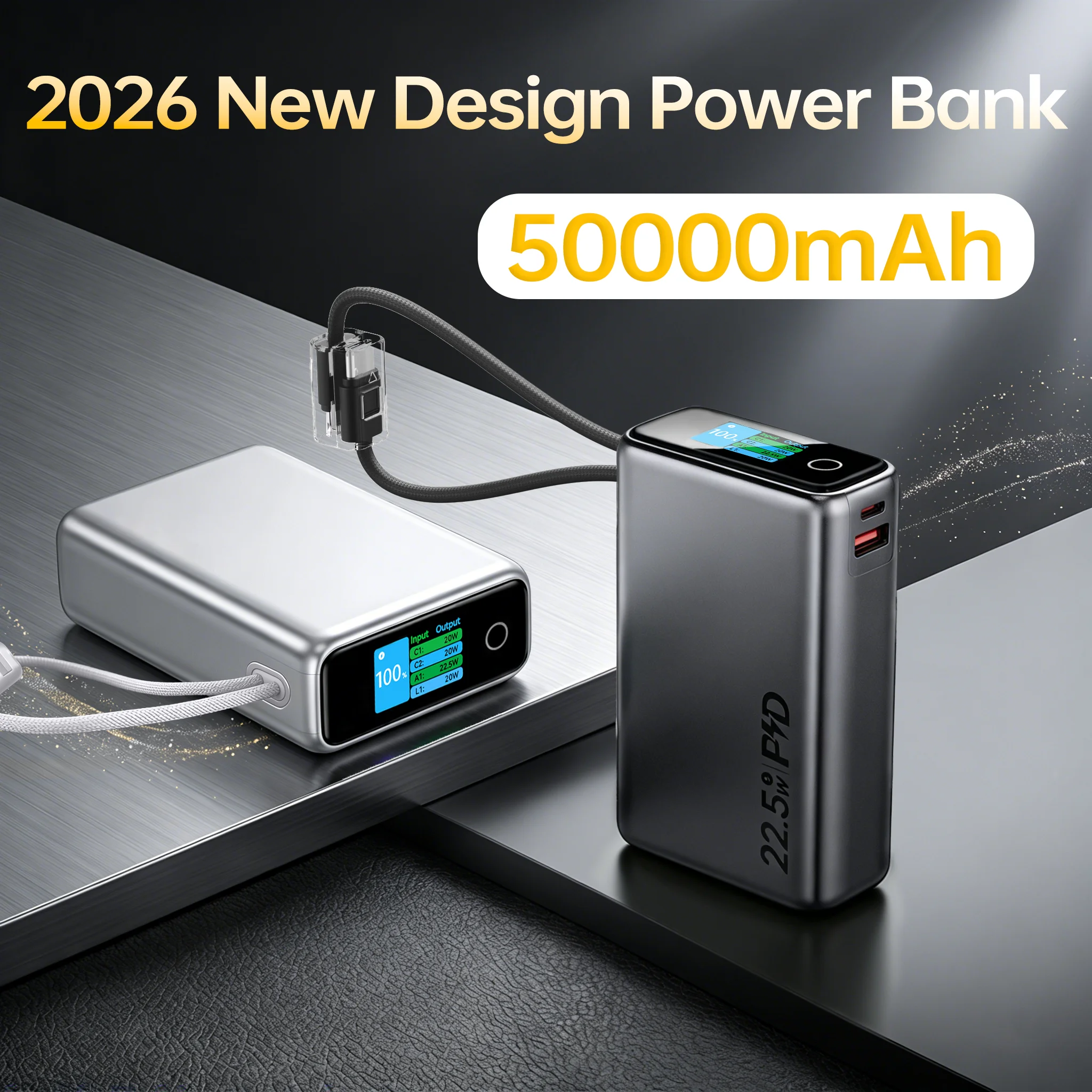 

Новый внешний аккумулятор 2026 года с TFT-дисплеем, 50000 мАч, большая емкость, быстрая зарядка, портативное зарядное устройство со встроенными кабелями для iPhone и Samsung