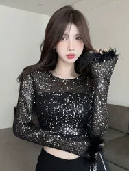 Sequins T Shirt Womens Korean Chic O Neck Long Sleeve T-Shirts Vintage Fashion Feathers Black Glitter Elegant Tees