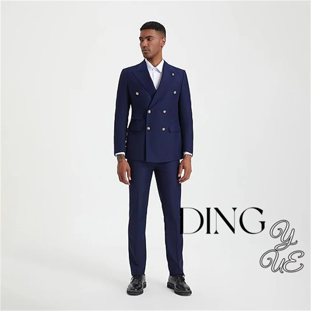 Navy Blue Tailor Made Men Suits Peak Lapel Men Blazer Two Piece Jacket Pants Slim Fit Groom Wedding Tuxedos Costume Homme