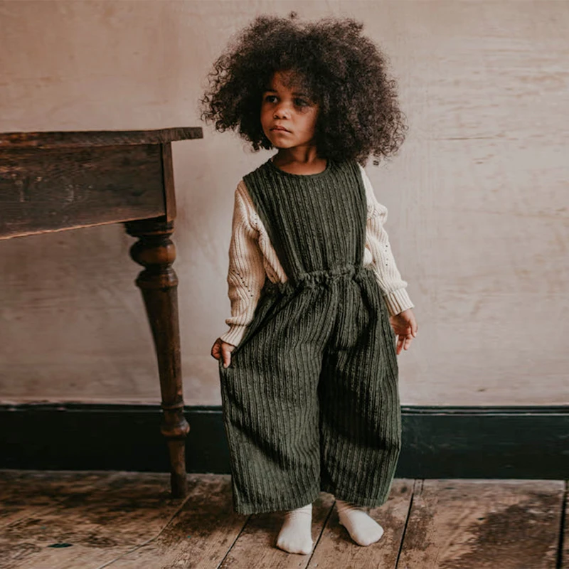 100% Vintage Style Cotton Children\'s Corduroy Jumpsuit Winter New Elastic Waist Loose Wide Leg Pants Kids Overalls TZ366