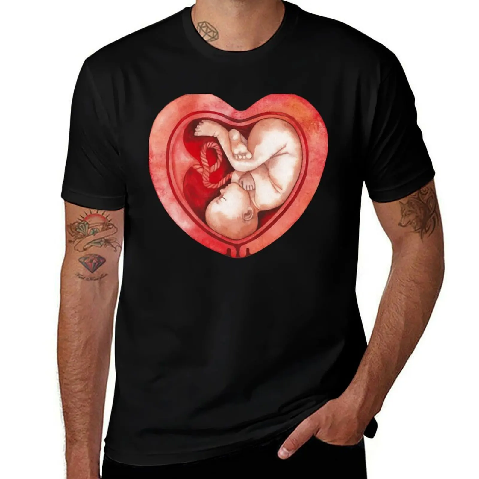 Watercolor fetus inside the heart shaped womb T-Shirt Casual Simple Design Short Sleeve Shirt T-Shirt
