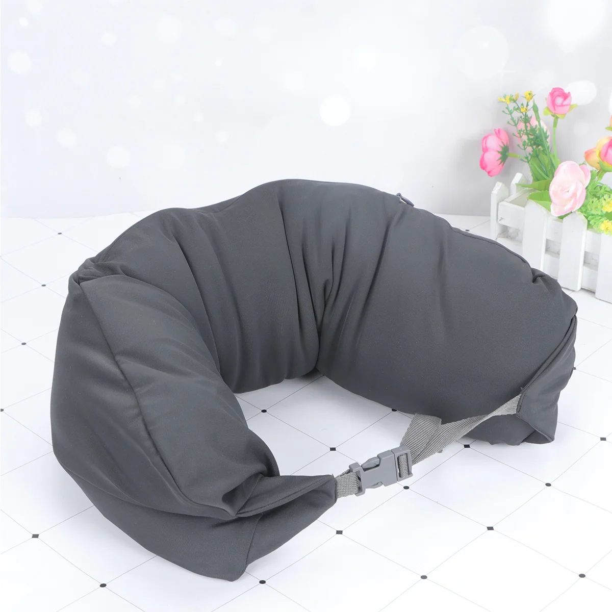 

U Shaped Neck Pillow Grey Comfortable Spandex Travel Neck Cushion Portable Support for Car Home Office Use Travel Pillow