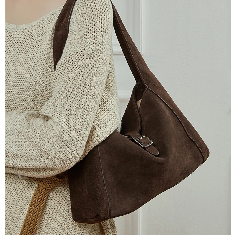 

Burminsa Vintage Suede Cow Genuine Leather Hobo Shoulder Bags For Women 2025 Luxury Designer Matte Crescent Tote Ladies Handbags