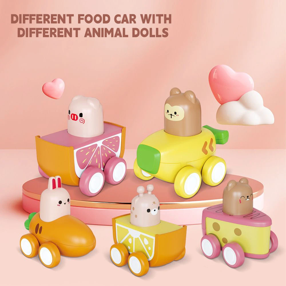 7Style Press Gourmet Toy Car Cartoon Q Version Mini Fruit Cake Animal Car Model Set For Baby Coaster Car Birthday Gifts