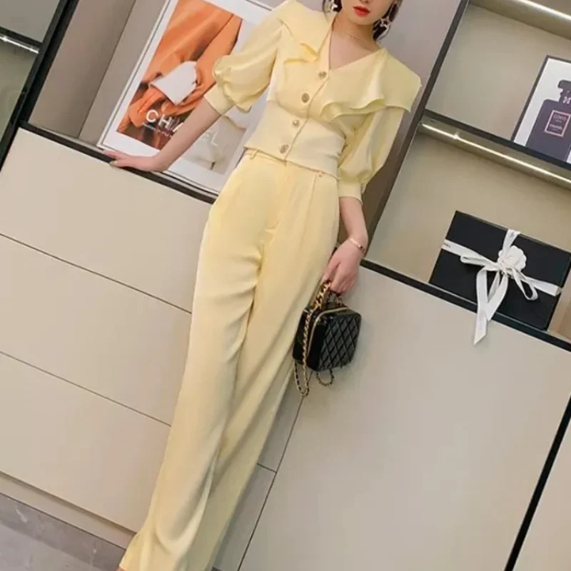 Pant Sets for Women 2 Pieces Fashion Wide Leg Baggy Trousers Woman Aesthetic D Top and Bottom Tailor Y2k Streetwear Full Classy