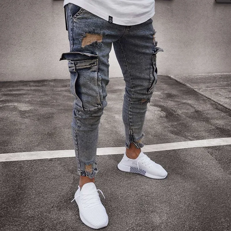 Stretch Mens Jeans Trend Knee Hole Zipper Feet Pants for Men