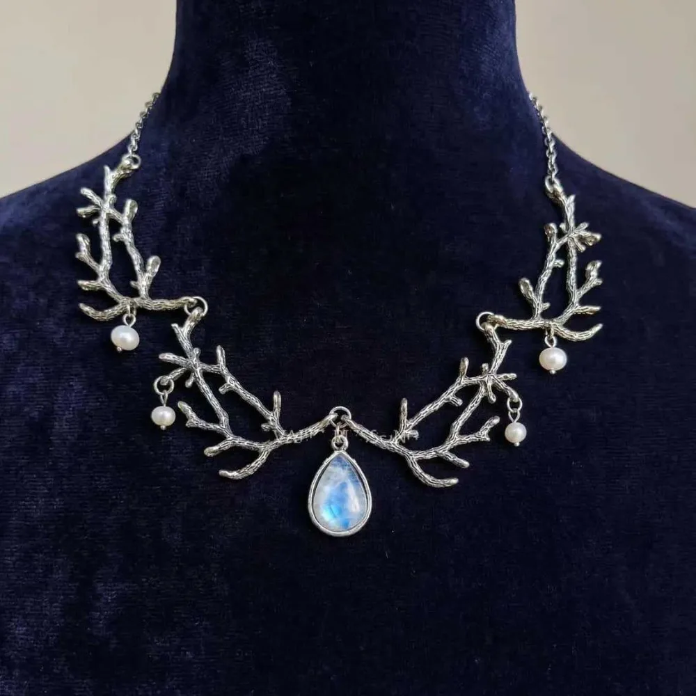 Elven Teardrop-shaped Moonstone Pendant Pearl Tassel Forest Branch Necklace for Women Gothic Fairy Tale Dream Wedding Jewelry