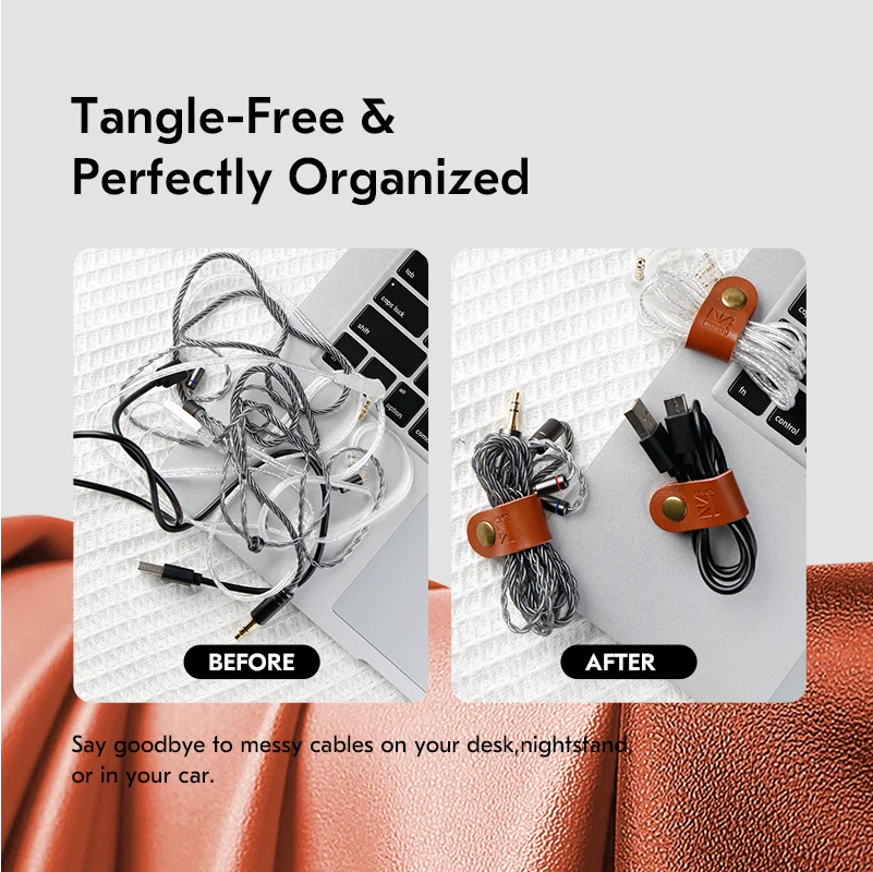 ربطات كابل من الجلد الطبيعي KBEAR A1، منظم وسلك بتصميم سريع للشاحن وكابلات سماعات الرأس، حزام كابل محمول