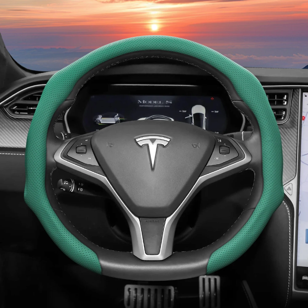 Geeignet für Tesla-Lenkradbezug aus perforiertem Leder, rutschfest, schweißabsorbierend, atmungsaktiv, integrierte Schutzhülle zum Aufstecken für Modell 3 Y S X und andere Modelle, erhältlich in Rot,