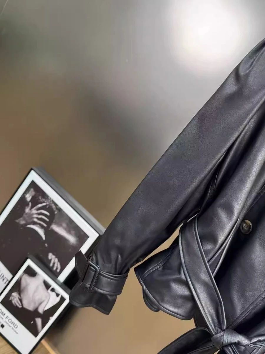 VGH Sashes Decorative Slimming Coat for Women Stand Collar Long Sleeve Spliced Double Breasted PU Leather Jacket Female Autumn - Image 5