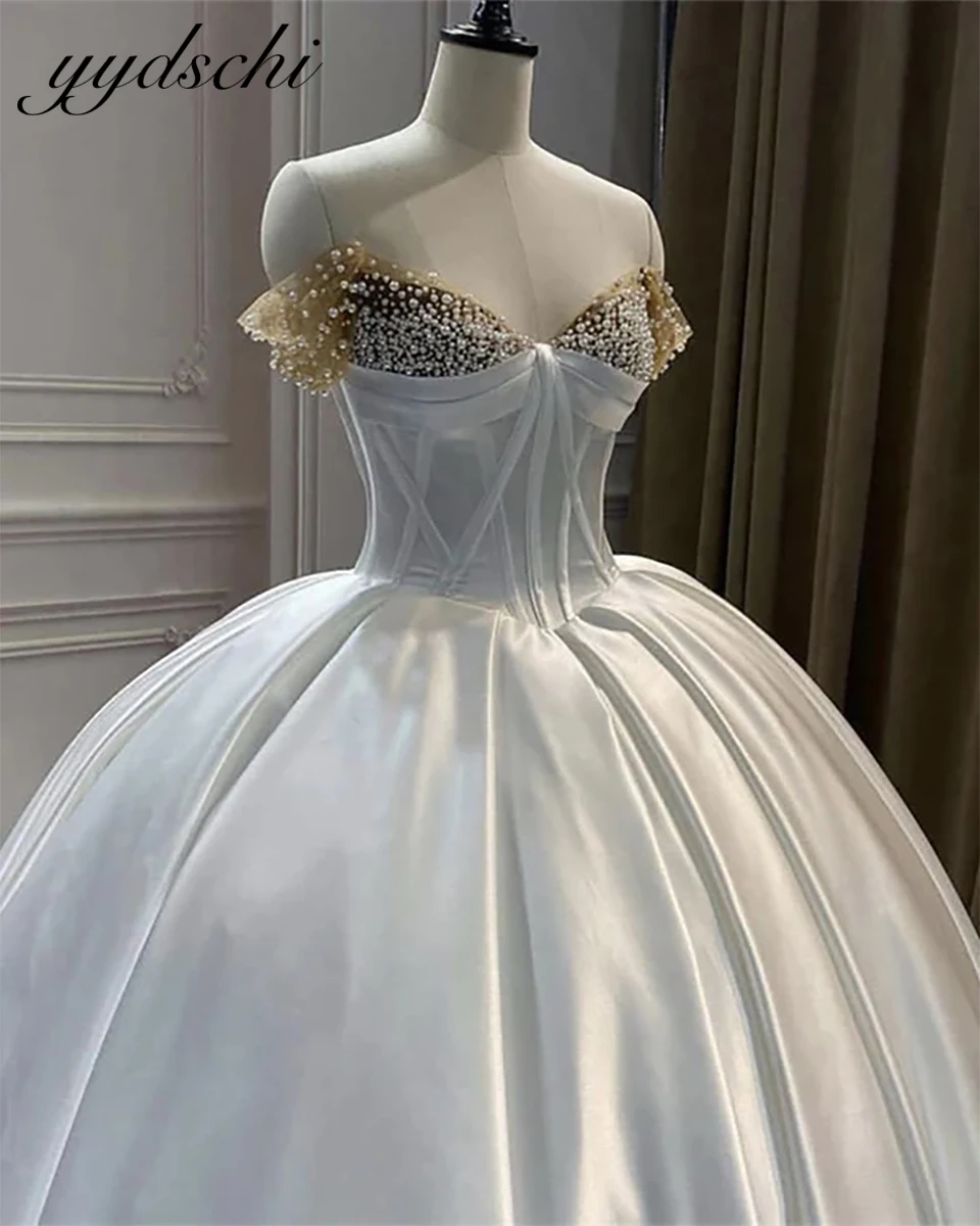 

Luxury White Pearls Beading Satin Wedding Dresses 2023 Princess Ball Gown Sweetheart Lace Up Back Bridal Gowns Vestido De Noiva