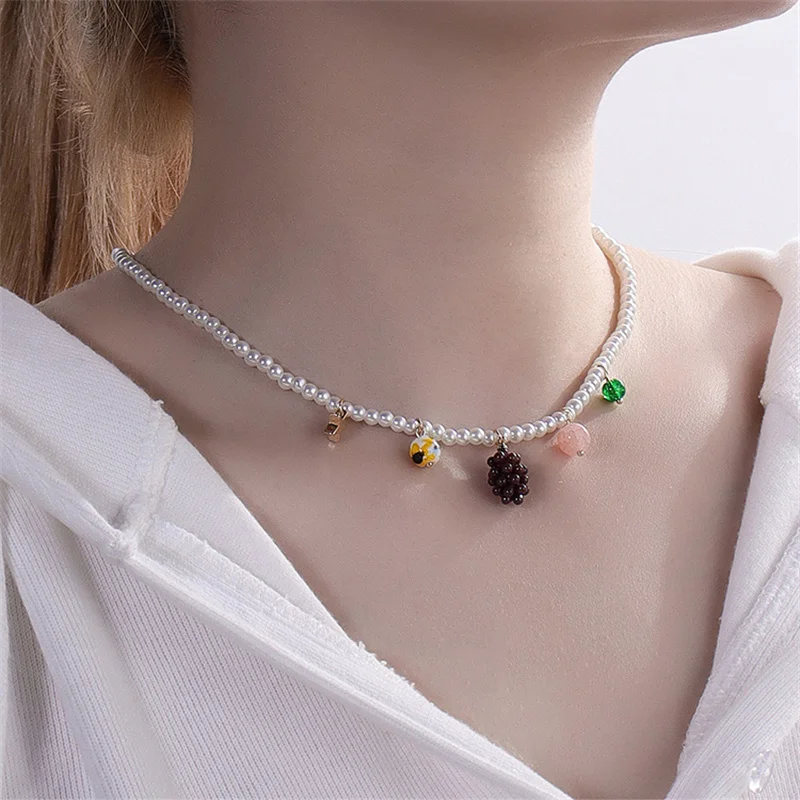 Fruit Grape Charms Pendant Immitation Pearl Choker Necklace For Women Unique Jewelry Gifts 2022 New Styles Wholesale Low MOQ