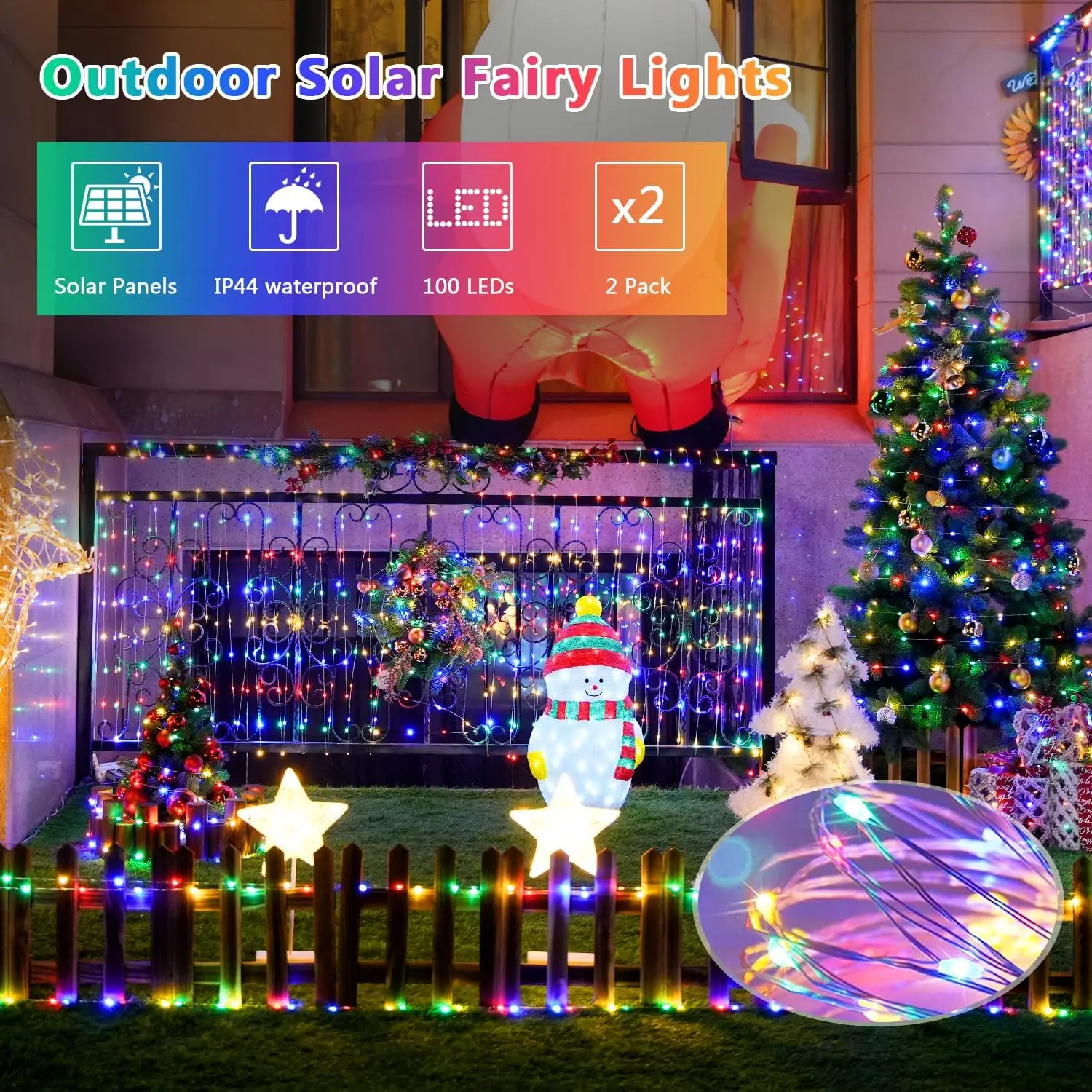 2 Pack Solar Christmas Lights Outdoor Waterproof, Total 66FT 200 LED Multicolor Solar Fairy Lights, 8 Modes Mini Solar
