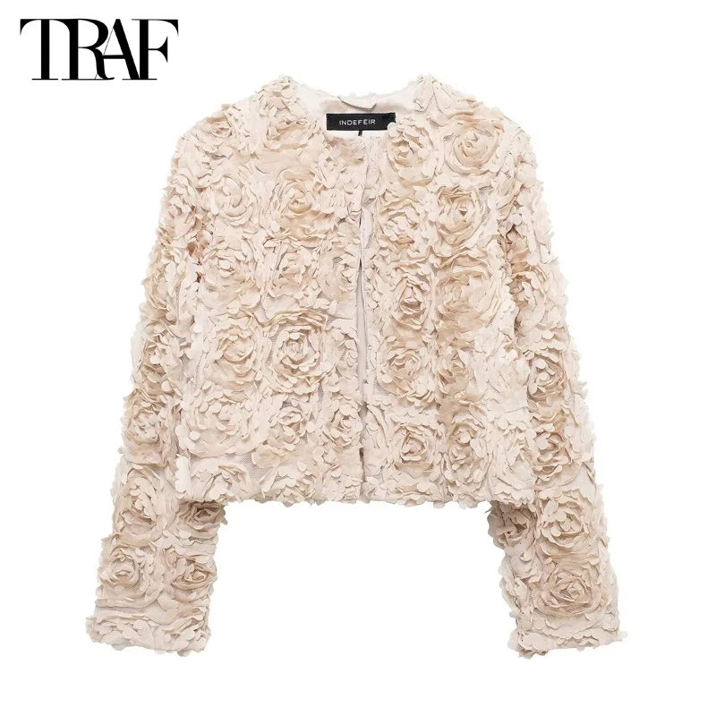 TRAF Floral Cropped Jackets for Women Autumn Fashion Open Jacket Woman Long Sleeve Textured Coat for Women 3D Flower Outerwears