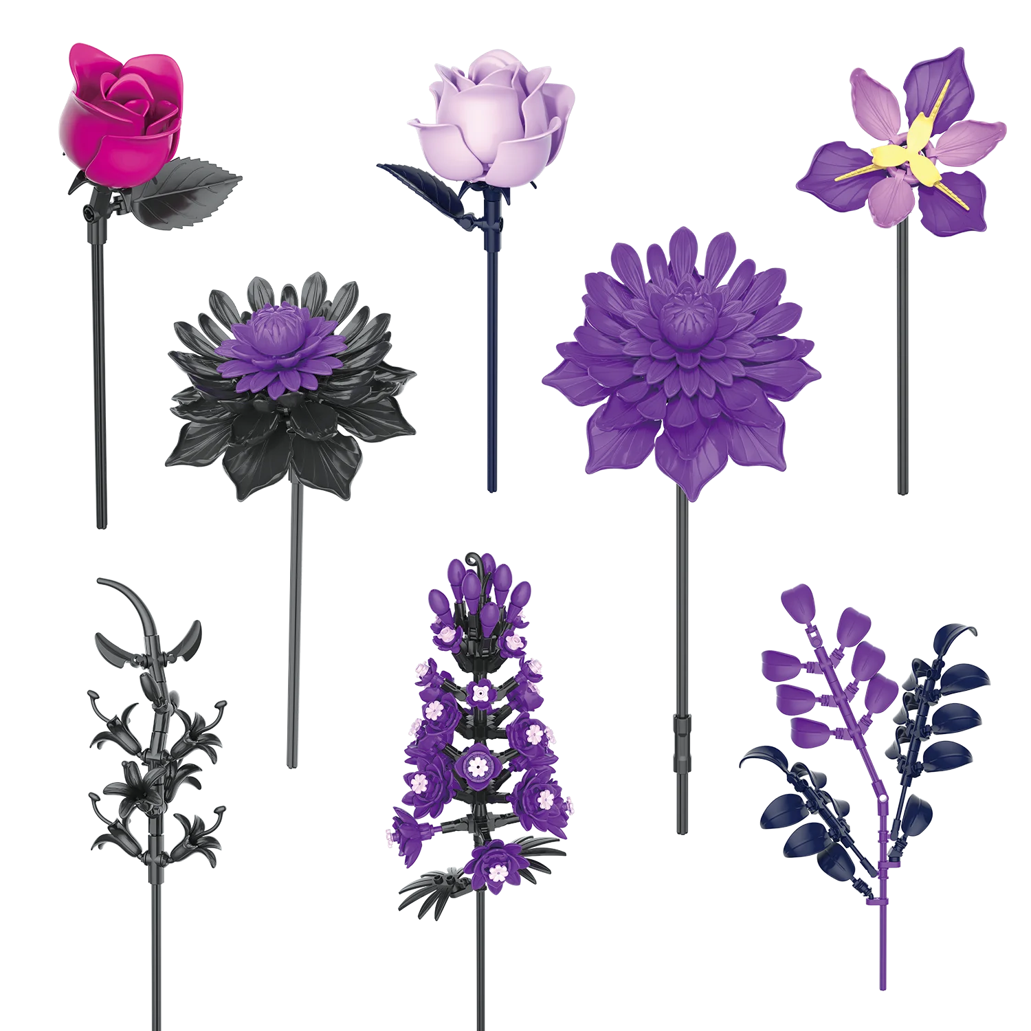 Bouquet di rose nere viola Set di blocchi di fiori Collezione botanica Decorazione domestica gotica Modello di mattoni Giocattolo per regalo per adulti