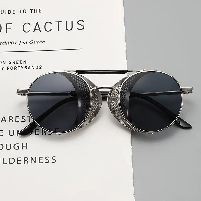 2023 Steampunk Side Wind Proof Mesh Flip Round Metal Sunglasses
