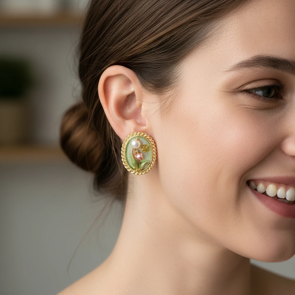 2025 New Style Emenal Flower Oval Earrings for Women 18K Gold Plated Romantic Simple Ear Stud for Female Birthday Party Jewelry