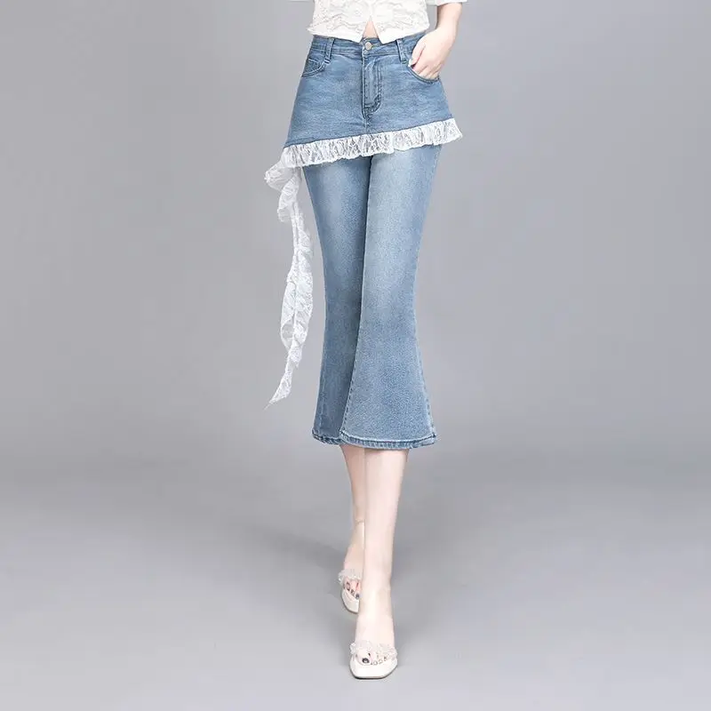 Lace Slightly Spliced Seven-point Jeans 2026 New Fake Two-piece High-waisted and Thin Summer Pants