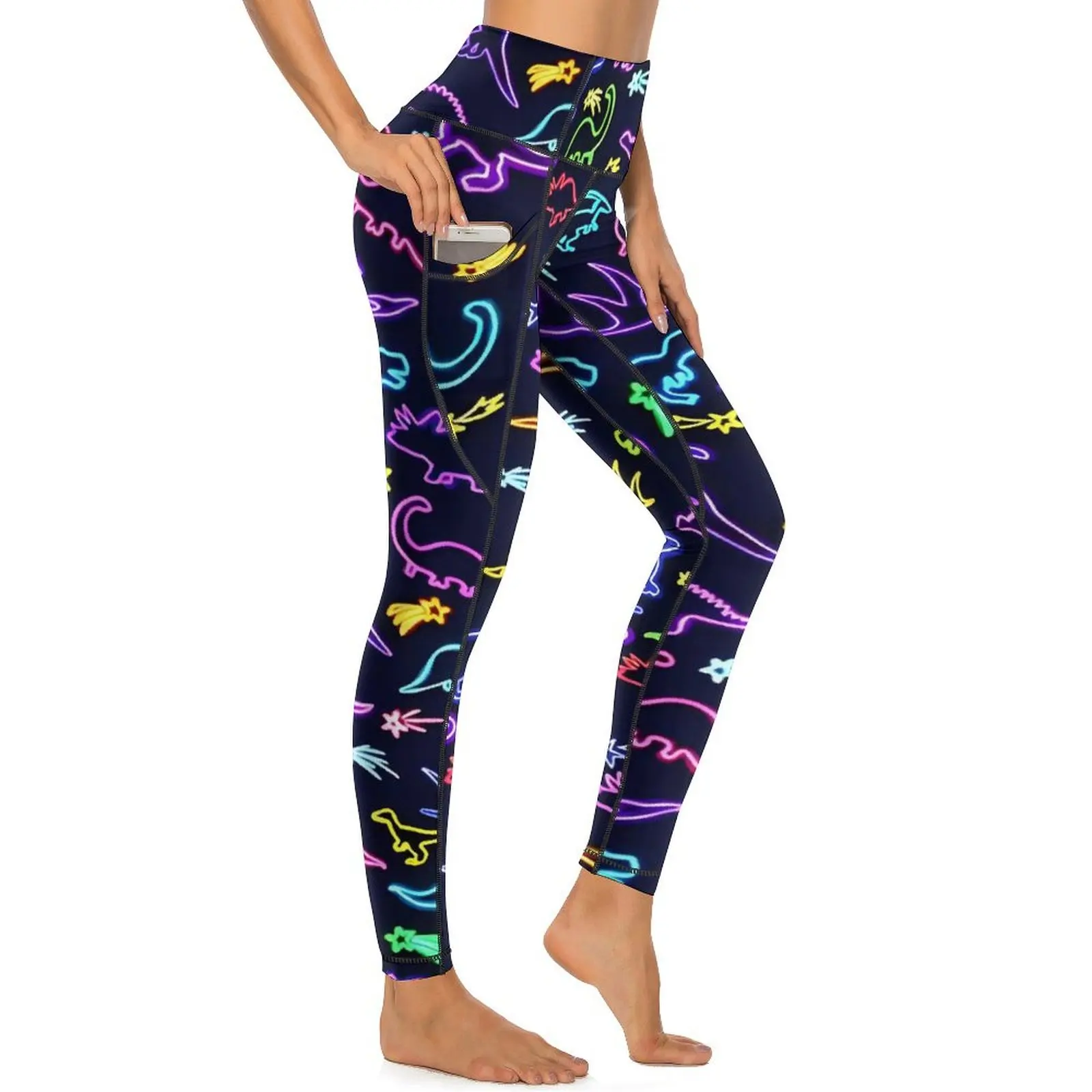 Neon Dinosaurs Yoga Pants With Pockets Color Animal Leggings Sexy High Waist Elegant Yoga Sport Legging Elastic Gym Leggins