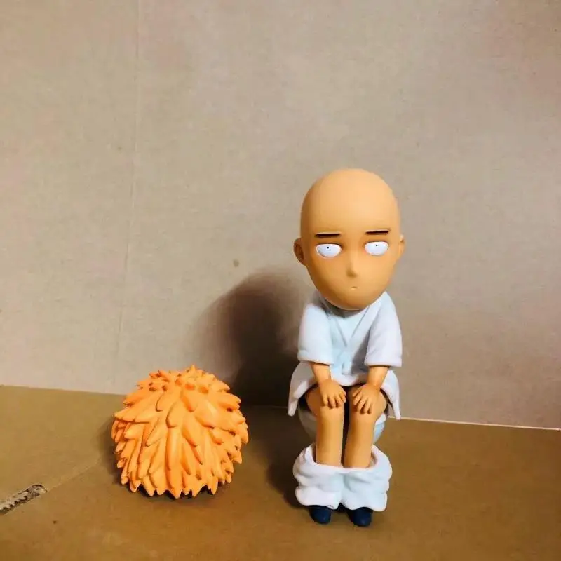 One Punch Superman GK Toilet Saitama Sitting Position Saitama Teacher Bald Doll Model Doll Machine Desktop Ornament