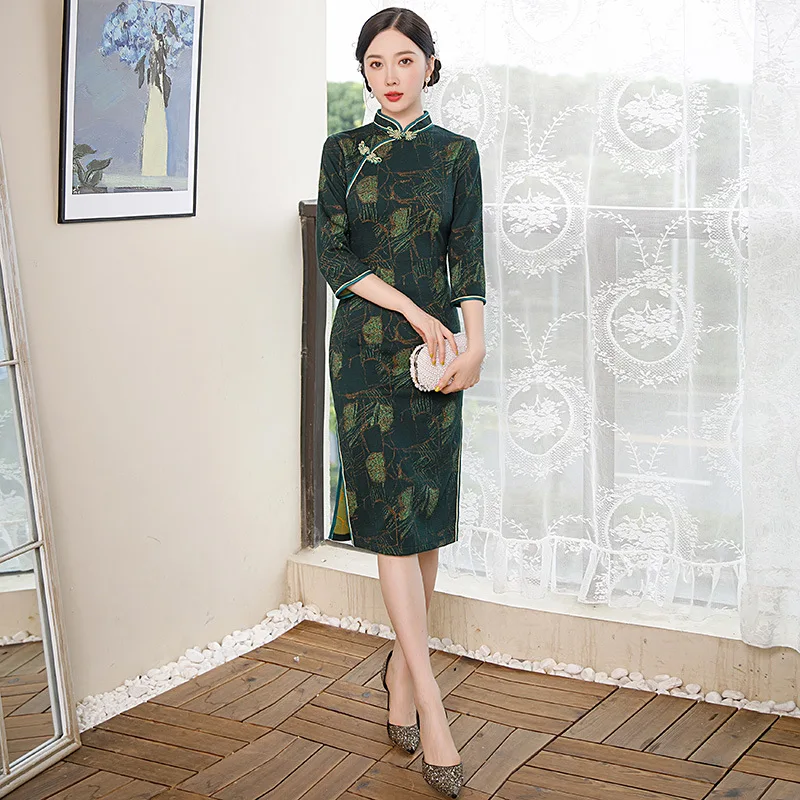 2023 Donkergroene Bloemen Cheongsam Moeder Jurk Plus Size Mid Long Vintage Qipao Vrouwen Chinese Stijl Jurken Nieuwigheid Kostuum