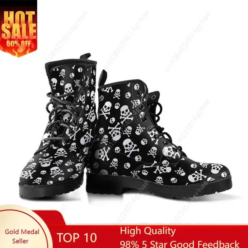 Skulls Leather Boots, Handcrafted Custom Print, Men's Women's Winter Boots
