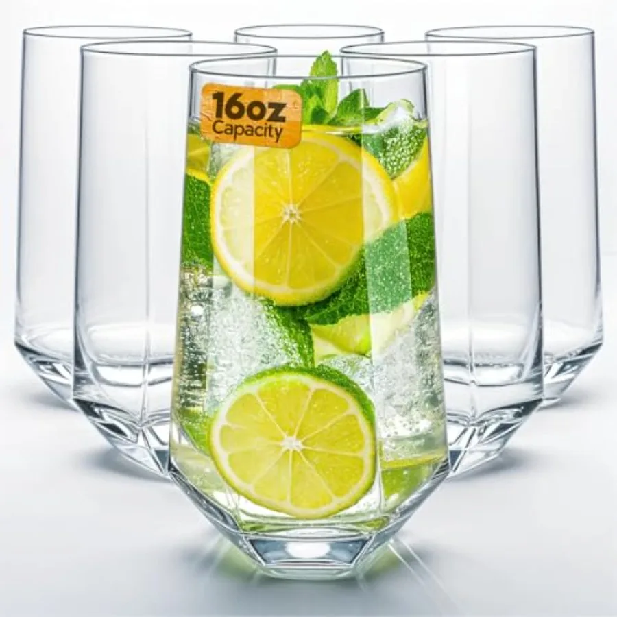 

Crystal Beverage Glasses- Set of 6- Hexagon Design 16oz Beer Tumbler and Highball Glass Modern Tall Drinking Glass for Beer Coc