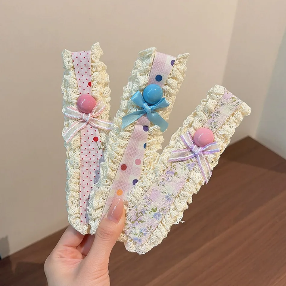 Girls Lolita Floral Colored Polka Dot Lace Headband Girl Korean Ins Wind Velcro Broken Hair Finishing Artifact Wide Edge HP01