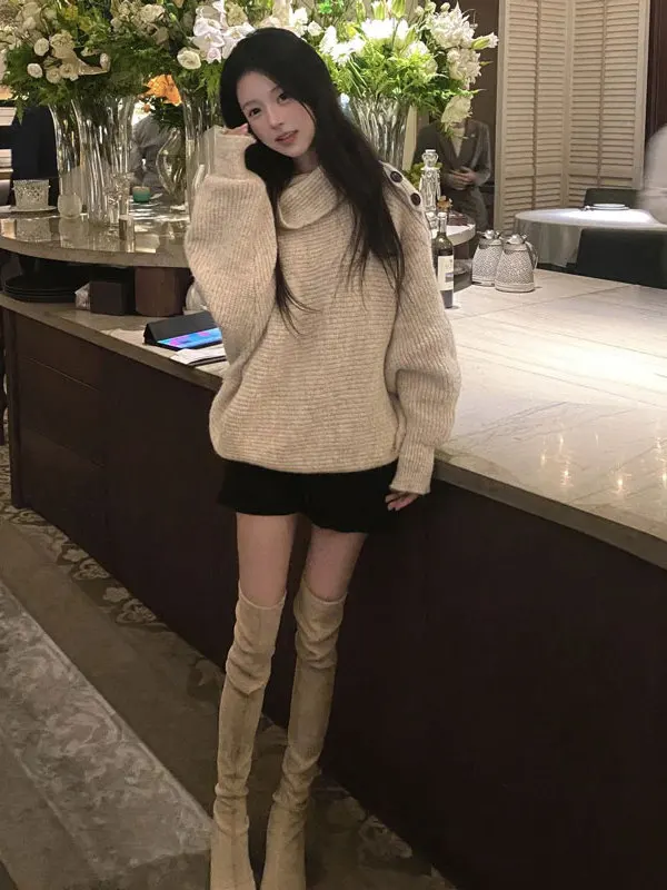 

Модный свободный свитер с длинными рукавами и пуговицами в корейском стиле, осенне-зимний женский модный топ, подходит для небольших размеров