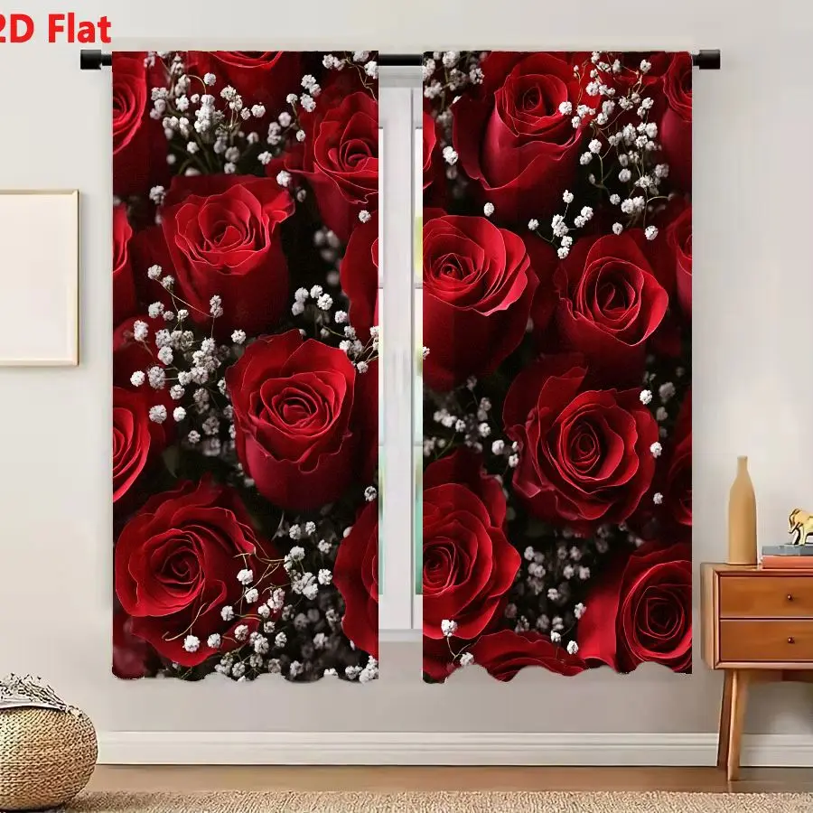 2Pcs Curtains 2D Flat Vibrant Red Roses And White Baby's Breath Dense Floral Pattern Window Drapes for Bedroom Room Decor Decora